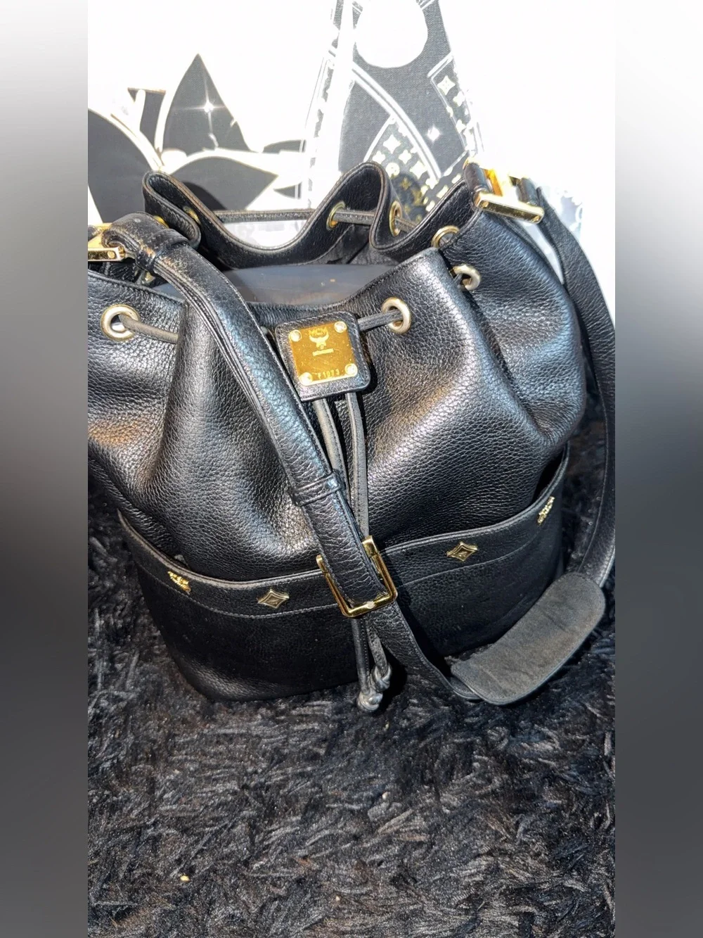 MCM Drawstring Bucket Bag with Gold Accents